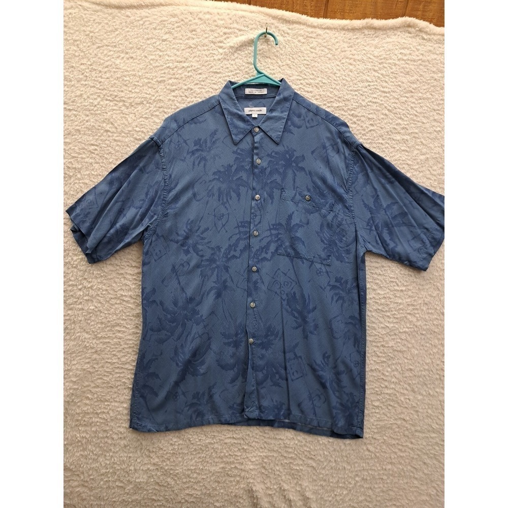 Pierre Cardin Hawaiian Shirt Mens Size L Button Up Short Sleeve 100% Rayon Blue